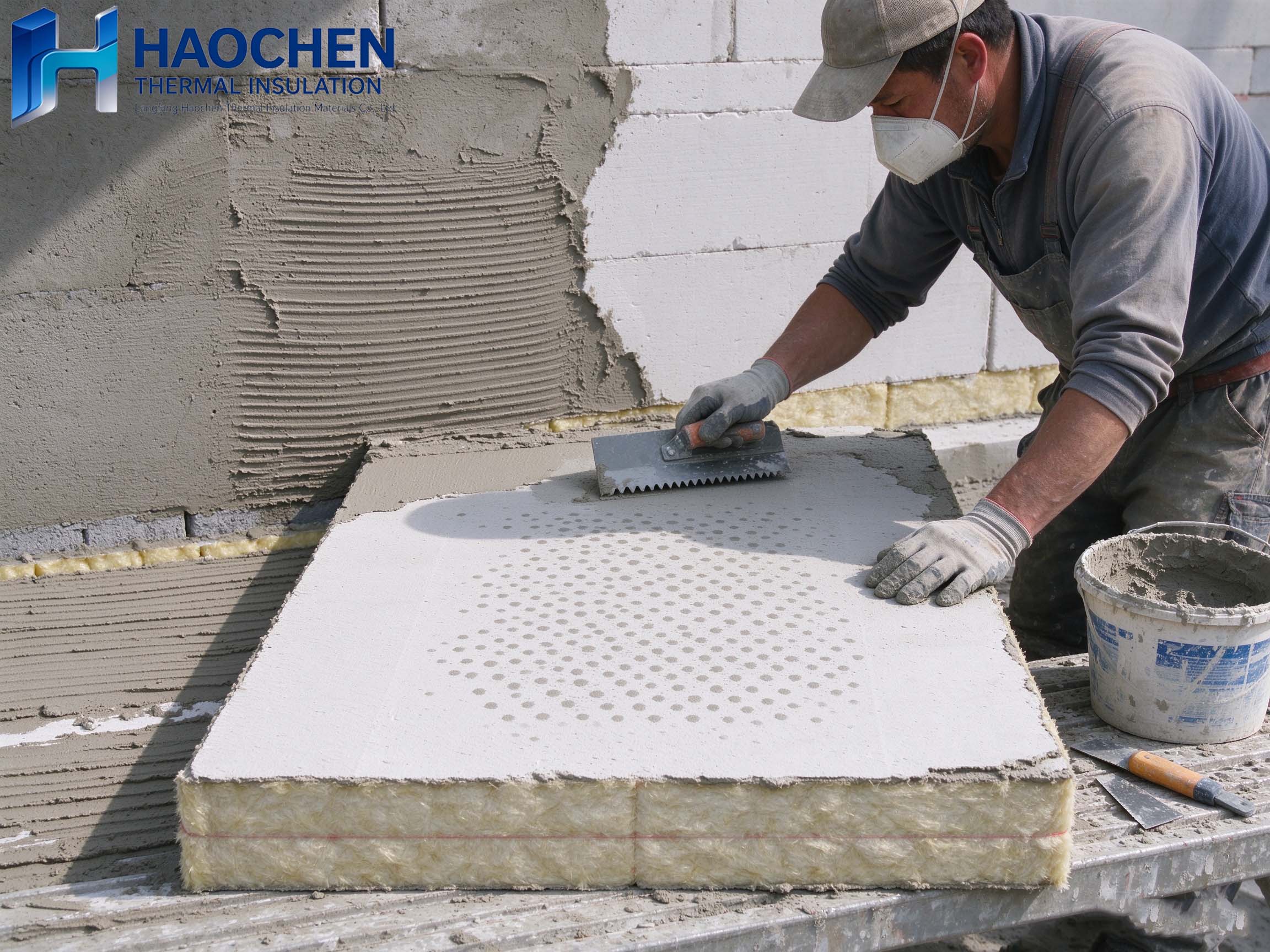 Applying adhesive mortar to facade stone wool boards